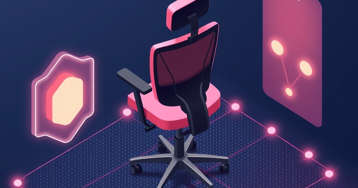 A pink and black mesh office chair with headrest and adjustable armrest sits on a glowing grid, flanked by a blank shield-shaped badge and a node diagram panel.