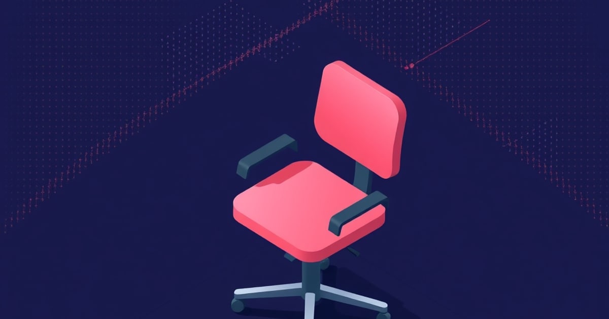 A pink isometric office chair with a five-wheel base and armrests sits on a dark navy background patterned with dotted diagonal lines.