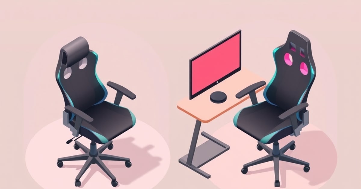 Two black swivel chairs with teal trim flank a small desk holding a pink-screen monitor, an isometric pastel scene comparing ergonomic and gaming seating.