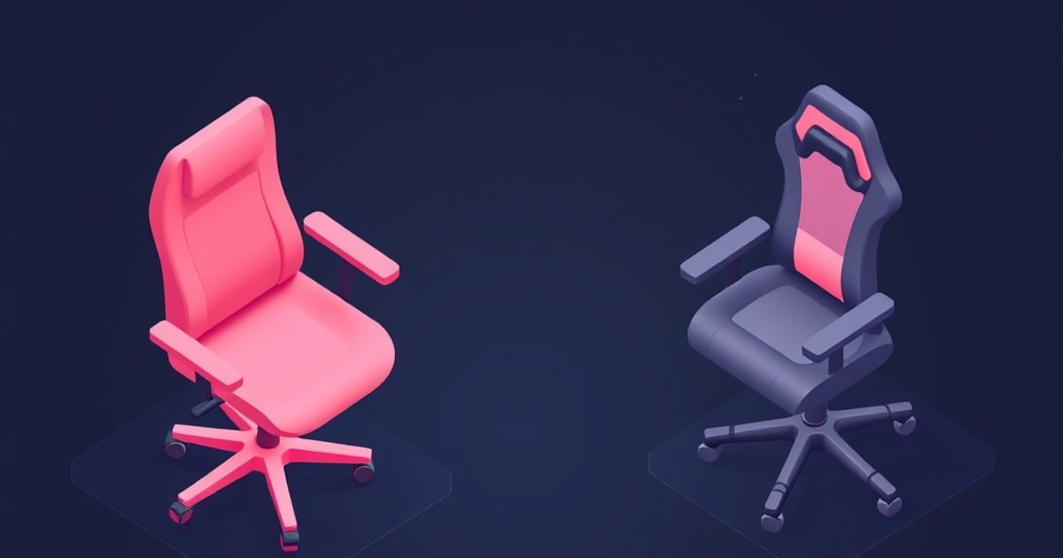 Flat isometric illustration of a pink ergonomic task chair beside a dark winged gaming chair on floor mats.