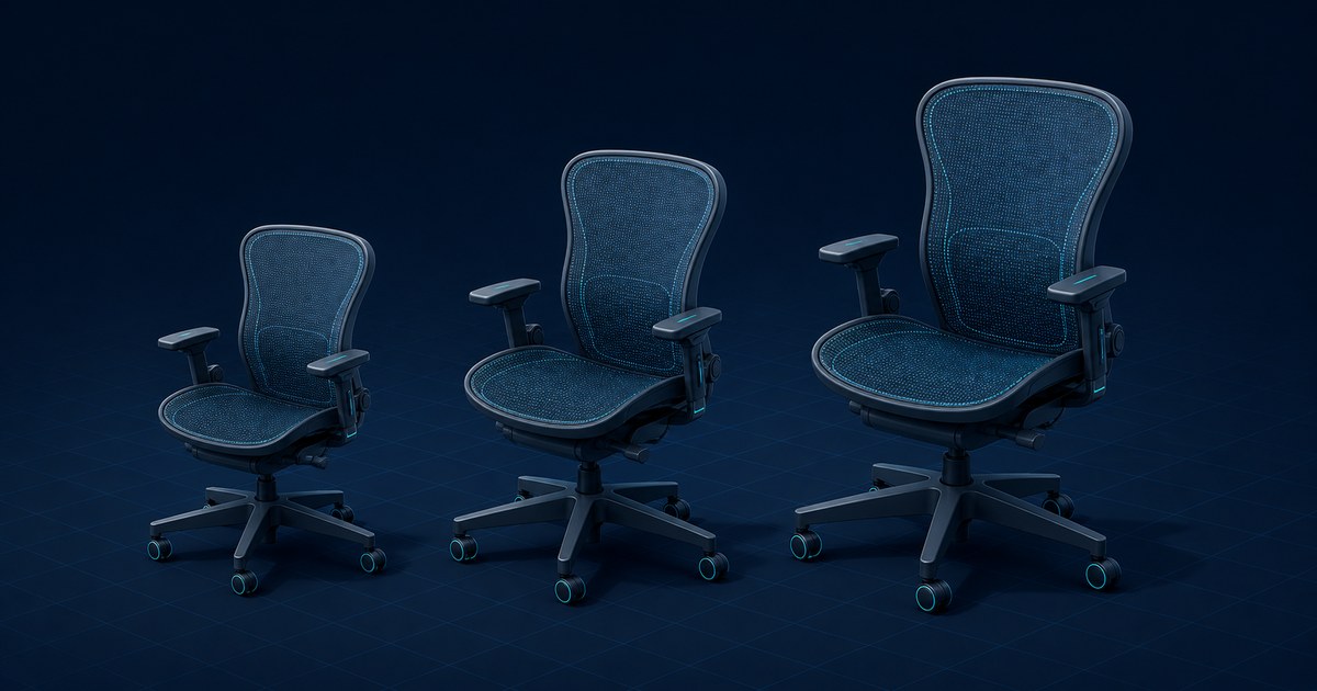Three Aeron mesh office chairs in small, medium and large sizes lined up on a dark navy grid floor, with teal accents on the casters and arm controls.