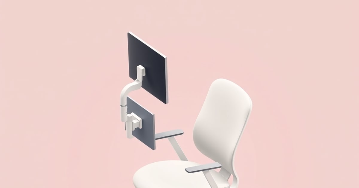 Minimal 3D render of a white ergonomic office chair with gray armrests beside two dark monitors on a white arm, set against a soft pink background