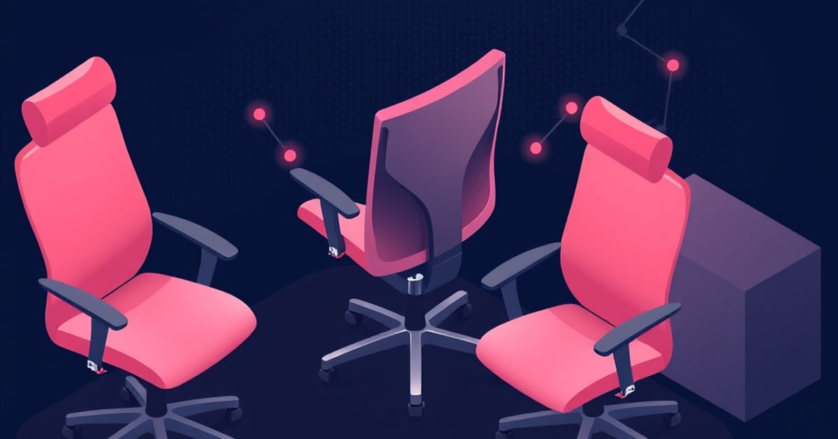 Three pink isometric office chairs with headrests and armrests face different angles on a dark navy background, connected by glowing red dotted nodes near their backs and armrests.