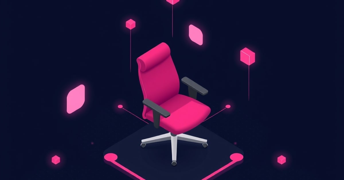 Flat isometric illustration of a magenta high-back office chair with black arms and a white star base on a navy pad, ringed by glowing pink cubes and lozenges.