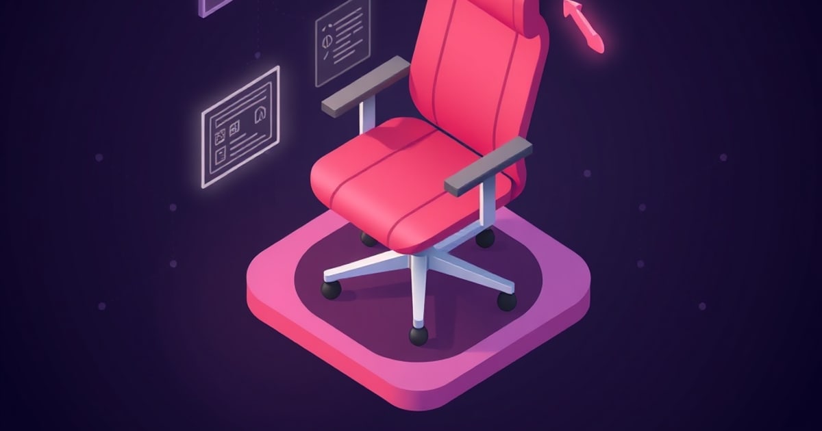 A pink isometric office chair with armrests and a five-wheel base glows on a lavender platform beside translucent diagram panels in a dark purple scene.