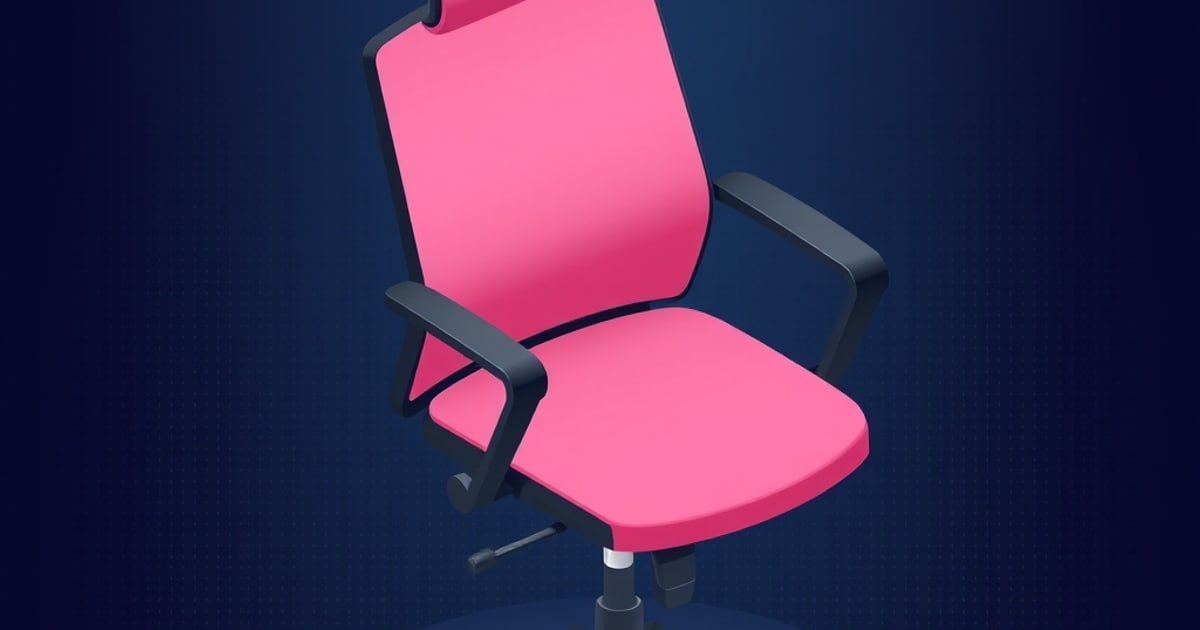 A pink isometric office chair with a solid seat and backrest, black armrests, tilt lever and five-point base on a dark navy background.