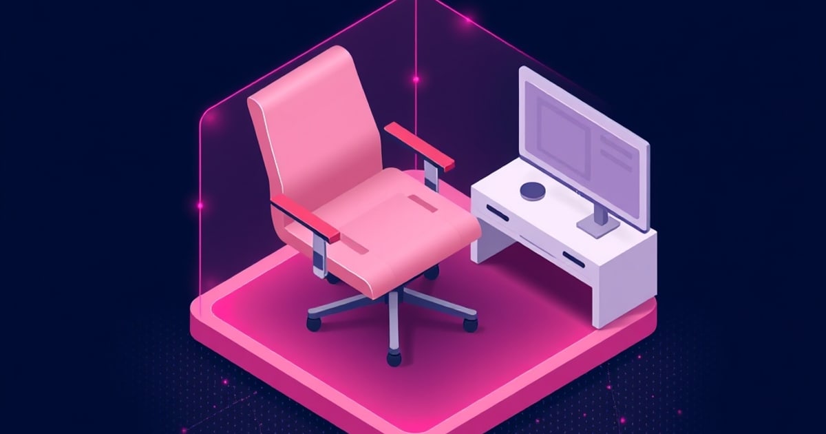 Flat isometric illustration of a pink high-back office chair beside a white desk with a monitor, standing on a glowing magenta platform in a dark navy room.