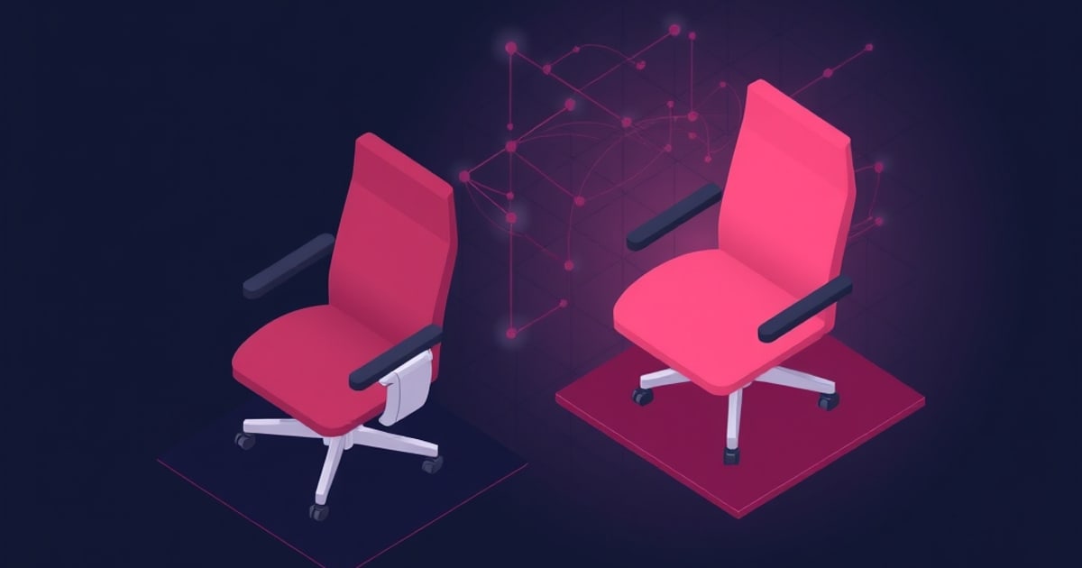 Two pink isometric office chairs on dark platforms with a glowing network of connected nodes between them, highlighting their differing tilt hinge points beneath the seats.