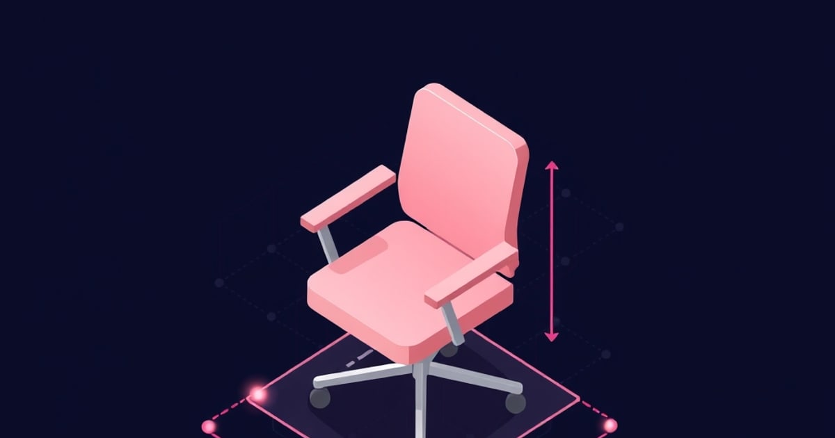 A pink isometric office chair with a square seat cushion sits on a dark navy platform, a vertical pink double-headed arrow marking seat height beside the backrest.